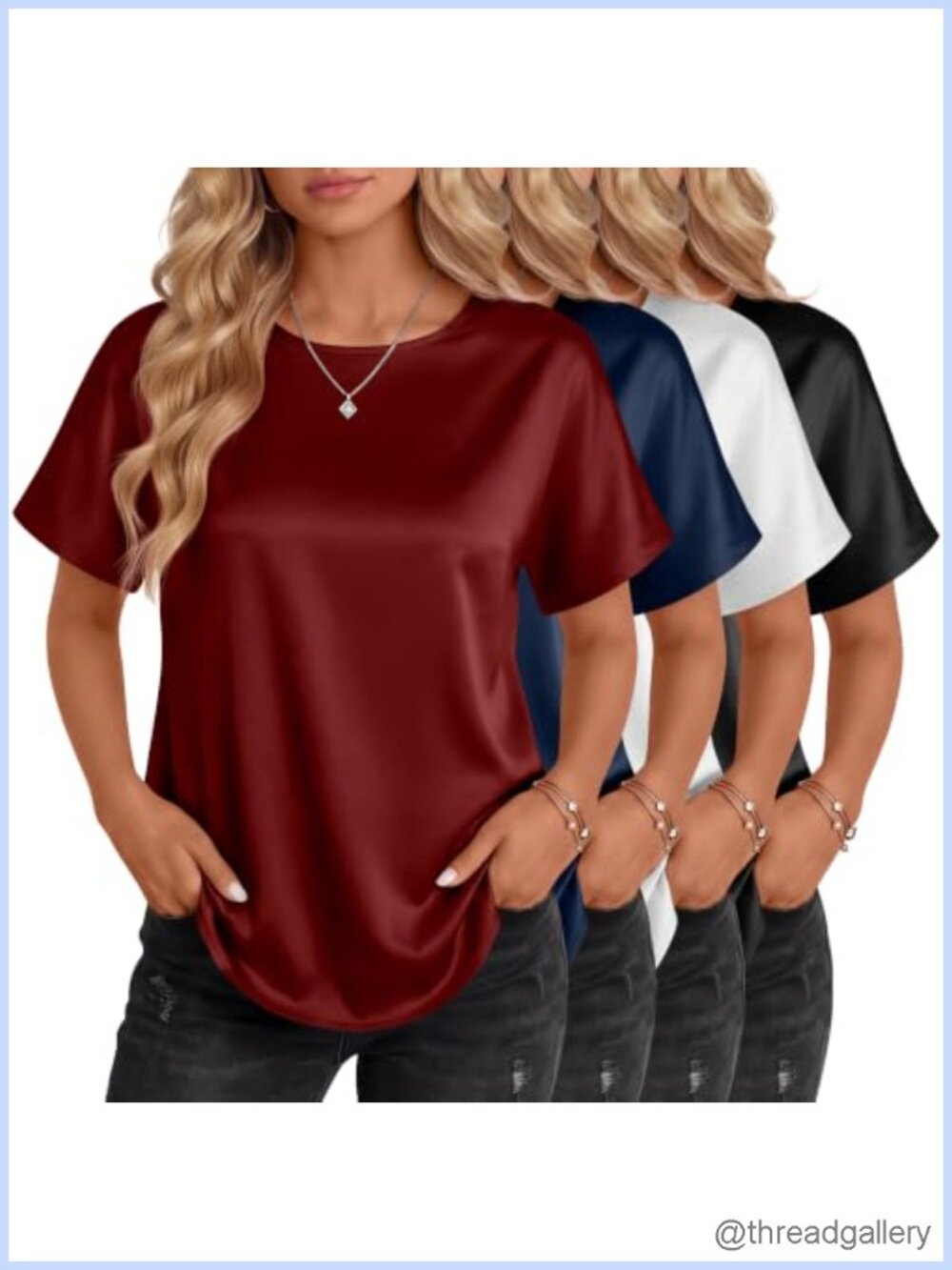 4 Pack Women's Silk Satin Tops Stretchy Short Sleeve Crew Neck
